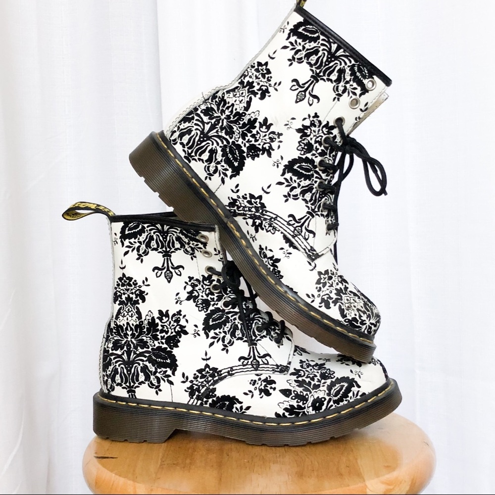 Rare White and Black Floral Jacquard 1460 Boots
